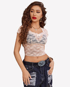 Champagne sheer lace short-sleeve top with scalloped V neckline