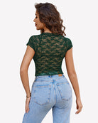 Green sheer lace short-sleeve top, lace back view with scalloped neckline edge