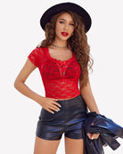 Red sheer lace short-sleeve top with scalloped V neckline