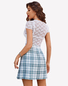 White sheer lace short-sleeve top, back view with V neckline detail