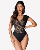 Black lace V-neck bodysuit teddy with snap crotch, short cap sleeves, scalloped trim