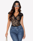 Black lace V-neck bodysuit teddy with snap crotch and short cap sleeves, lace front