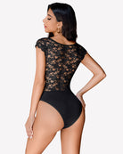Black lace bodysuit teddy with snap crotch, back lace overlay and high-cut brief