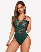 Green lace V-neck bodysuit teddy with snap crotch, cap sleeves, scalloped lace trim
