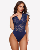 Navy lace V-neck bodysuit teddy with snap crotch, cap sleeves, floral lace pattern