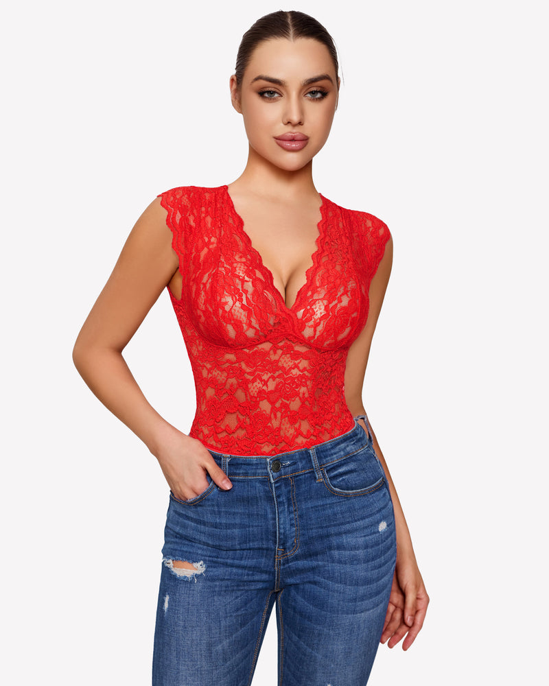 Red lace V-neck bodysuit with deep V front and sheer floral pattern