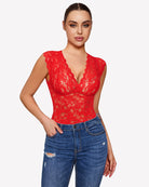 Red lace V-neck bodysuit with deep V front and sheer floral pattern