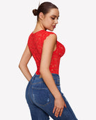 Red lace bodysuit with V-neck front and lace back panel