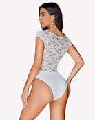 White lace V-neck bodysuit with lace back panel and high-cut leg openings