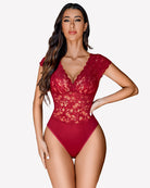 Burgundy lace V-neck bodysuit with high-cut briefs and floral lace design