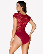 Burgundy lace V-neck bodysuit with lace back panel and high-cut leg openings