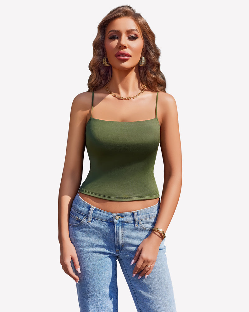 Double-lined cropped vest top, olive green spaghetti straps and square neckline