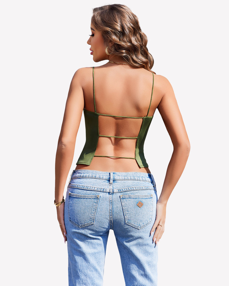 Double-lined cropped vest top, olive green open back with crisscross strap detail