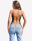 Double-lined cropped vest top, olive green open back with crisscross strap detail