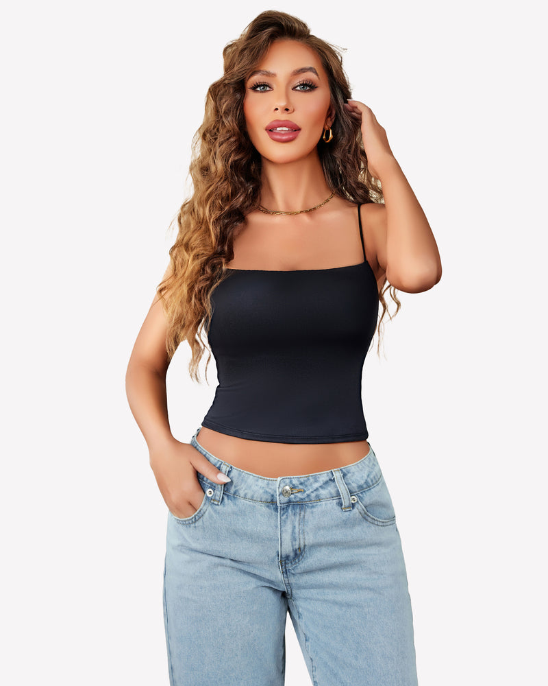 Double-lined cropped vest top, black spaghetti straps and square neckline