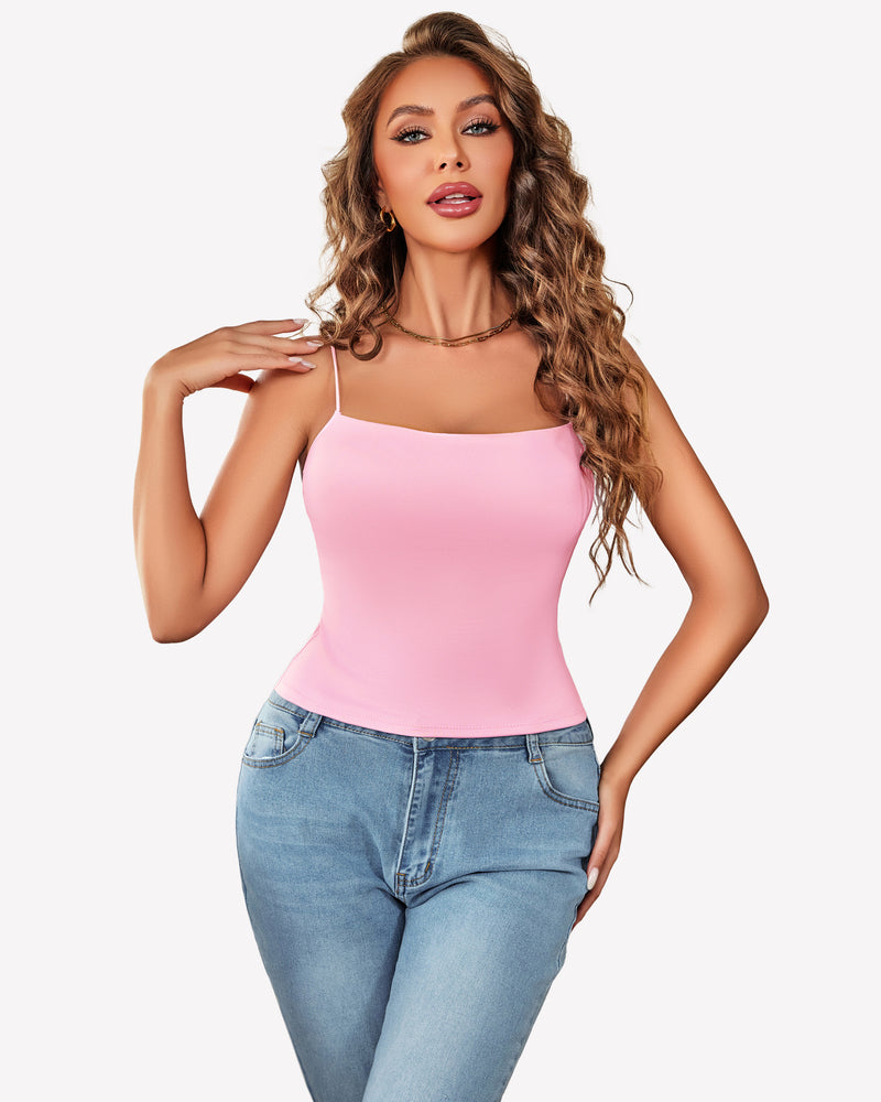 Double-lined cropped vest top, pink spaghetti straps and fitted square neckline