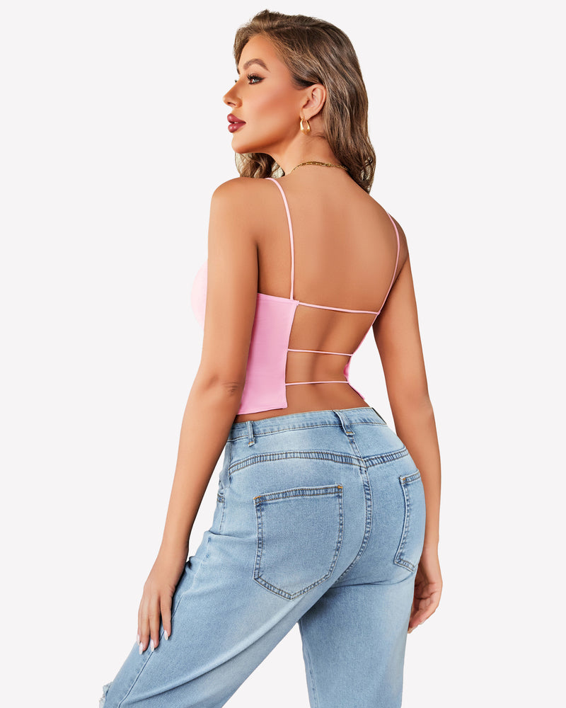Double-lined cropped vest top, pink open back with crisscross strap detail