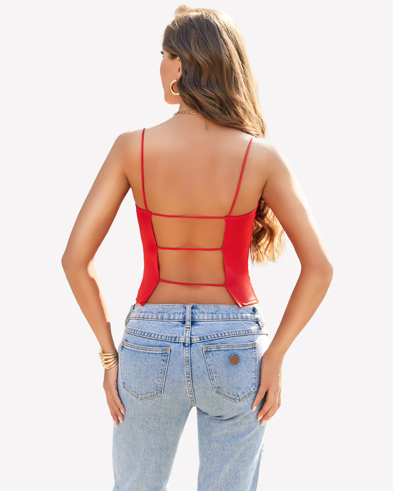Red double-lined cropped vest top with spaghetti straps and back mesh band