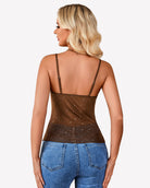 Brown mesh cowl neck sequin tank top, open back with thin shoulder straps
