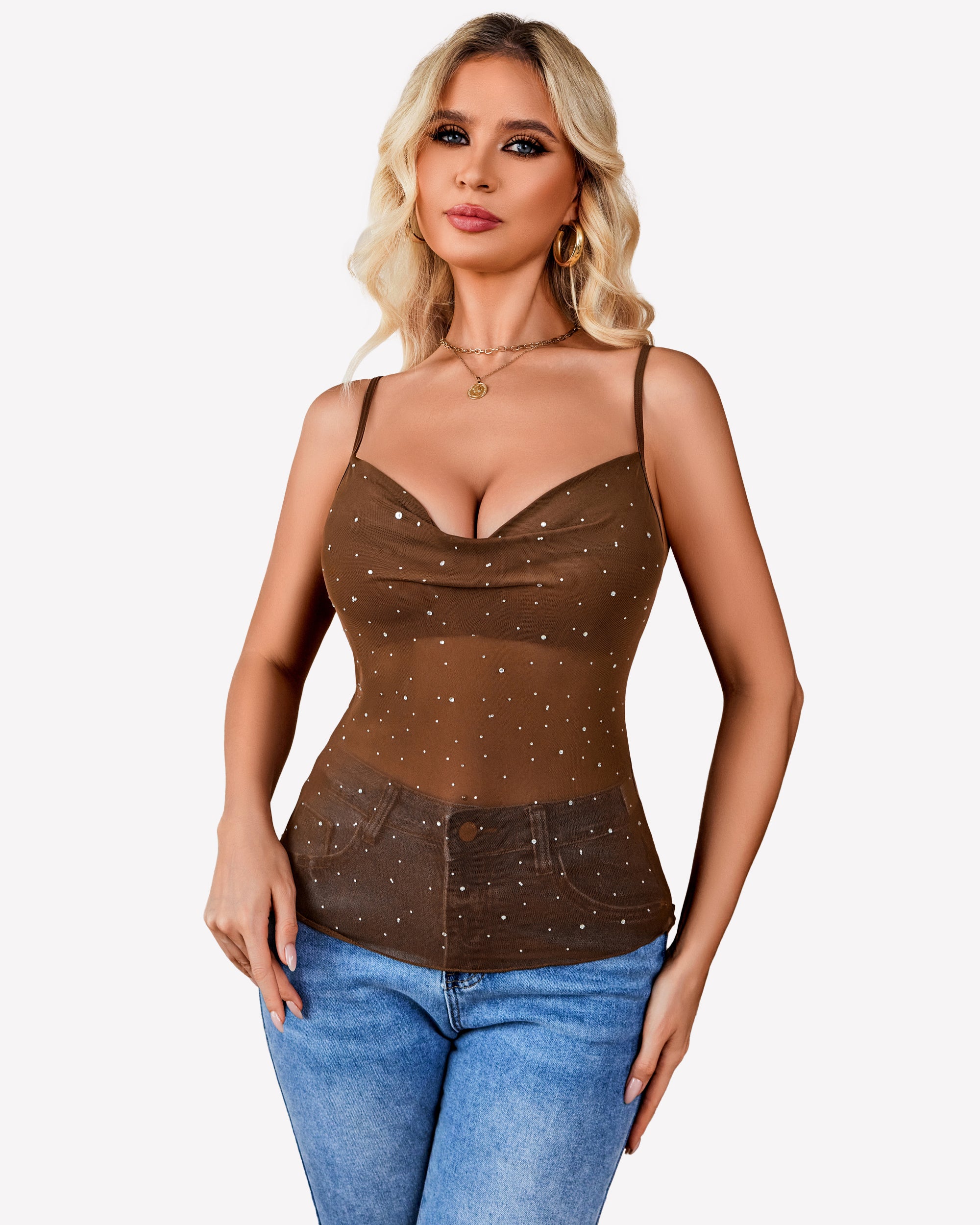 Brown mesh cowl neck sequin tank top with thin straps and sparkle dots
