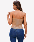 Apricot nude mesh cowl neck sequin tank top, open back and sparkle