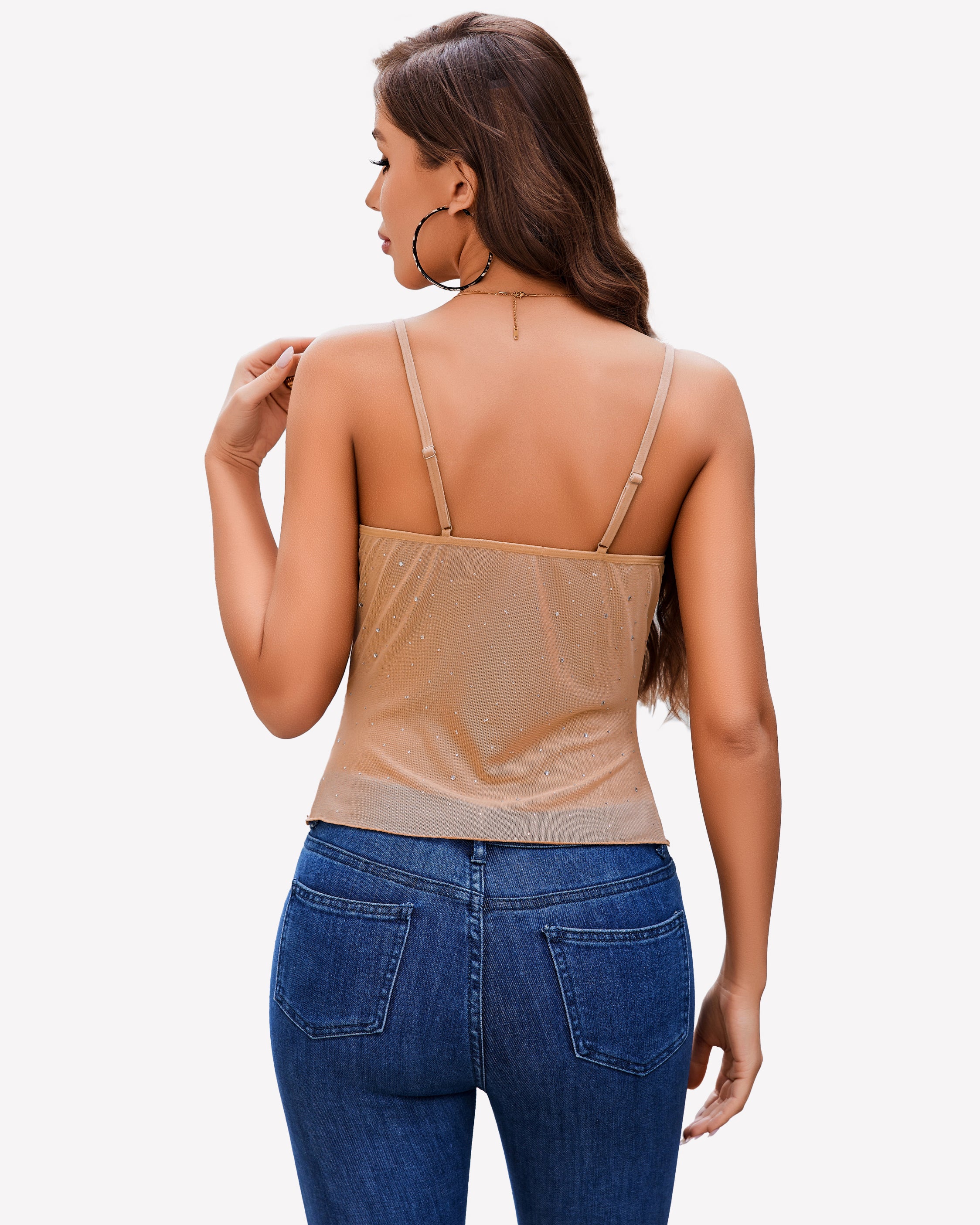 Apricot nude mesh cowl neck sequin tank top, open back and sparkle