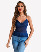 Navy blue mesh cowl neck sequin tank top with thin spaghetti straps