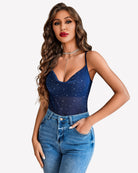 Sequin cowl neck mesh tank top, dark navy blue with scattered sparkle dots