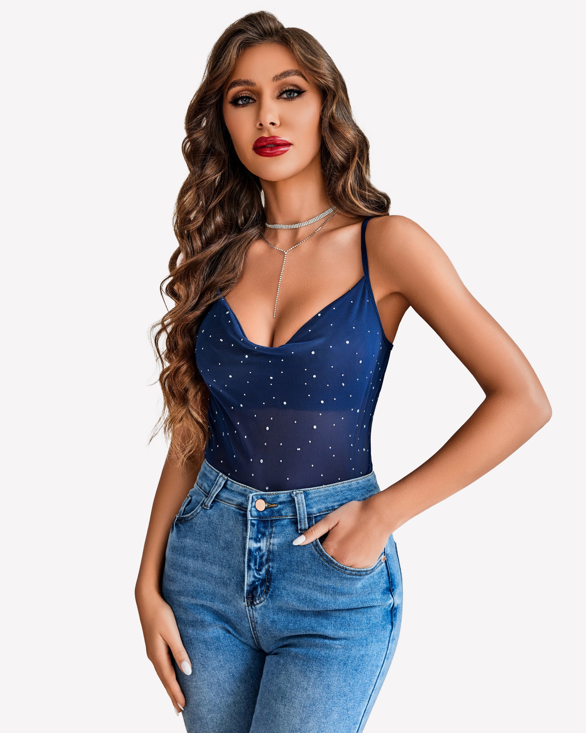 Sequin cowl neck mesh tank top, dark navy blue with scattered sparkle dots
