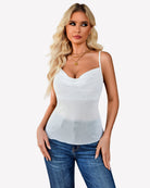Sequin cowl neck mesh tank top, white with small metallic dot accents