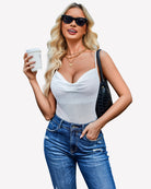 Sequin cowl neck mesh tank top, white sweetheart neckline with sparkle dots