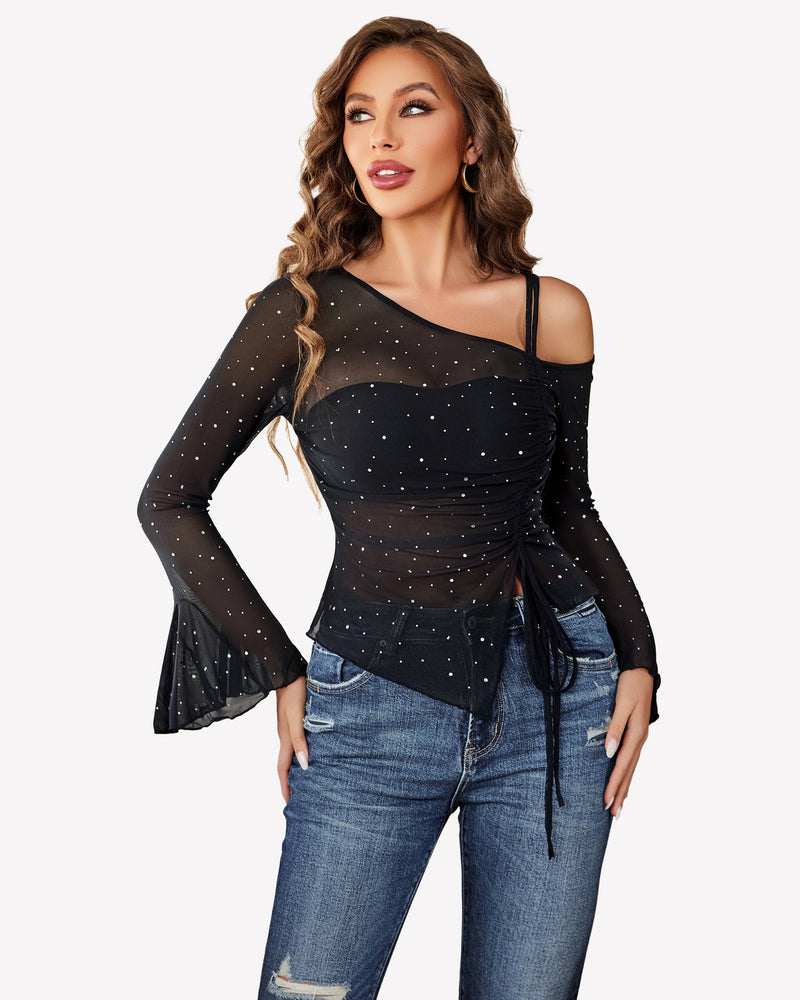 Black rhinestone mesh long-sleeve top with off-shoulder neckline and ruched side drawstring