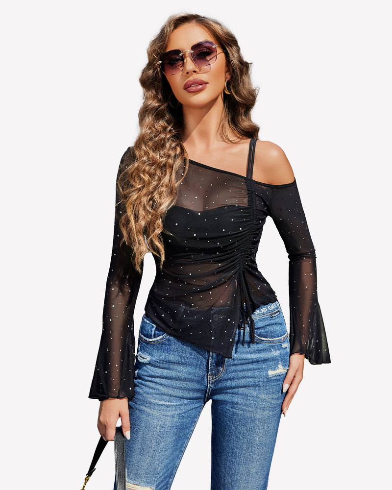 Black rhinestone mesh long-sleeve top with off-shoulder neckline and flared cuffs