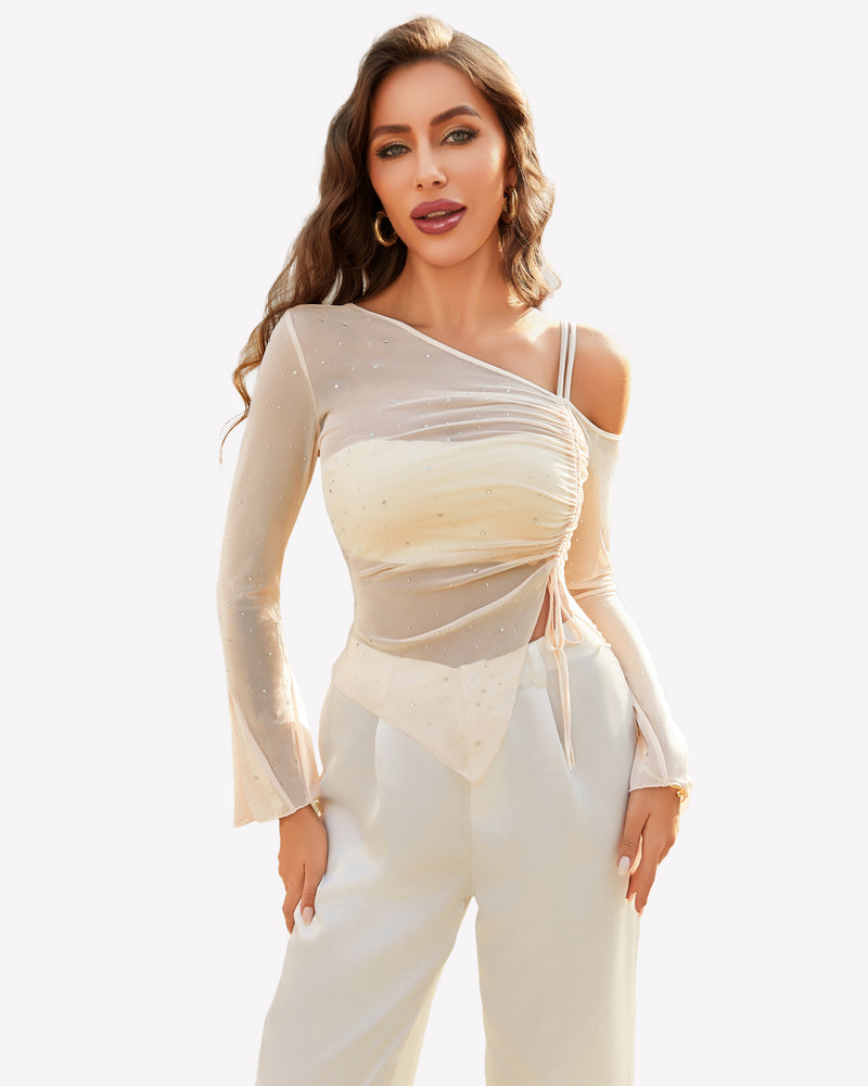 Champagne rhinestone mesh long-sleeve top with one-shoulder straps and ruched front