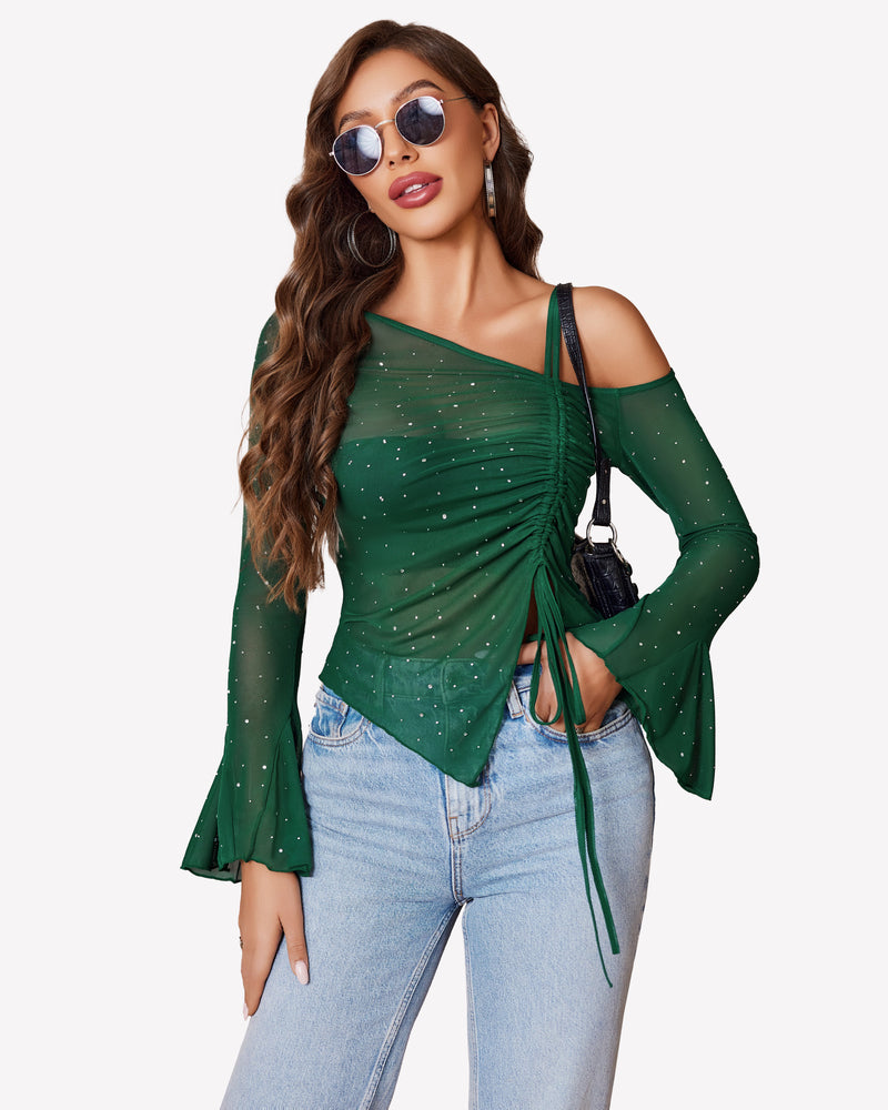 Green rhinestone mesh long-sleeve top with ruched front and side drawstring