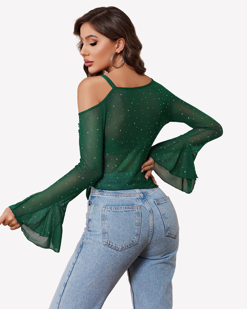 Green rhinestone mesh long-sleeve top with off-shoulder neckline and flared cuffs