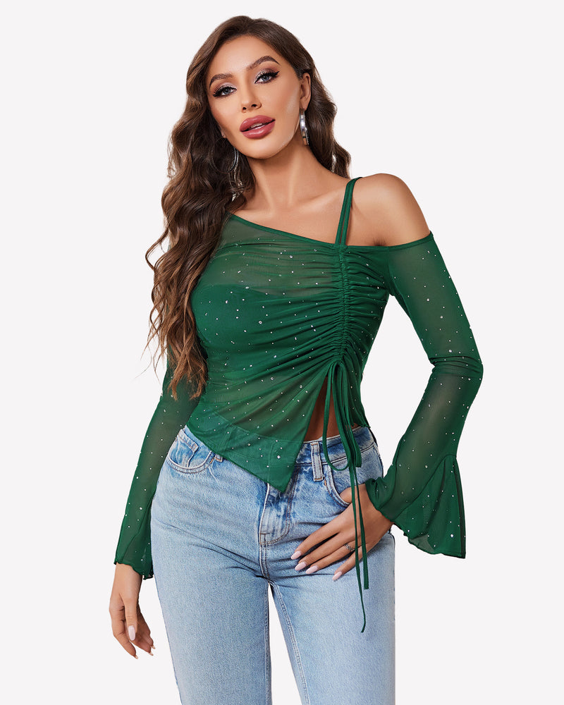 Green rhinestone mesh long-sleeve top with off-shoulder neckline and ruched front