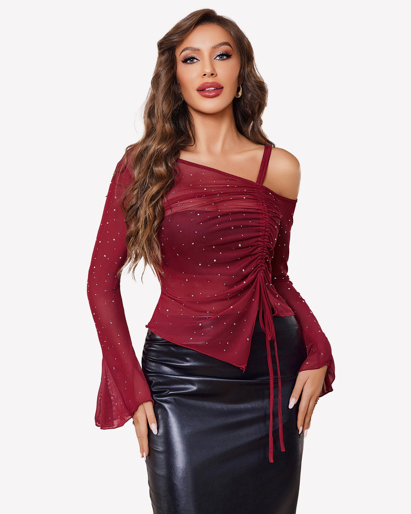 Wine red mesh rhinestone long-sleeve top with draped ruching and tie side detail