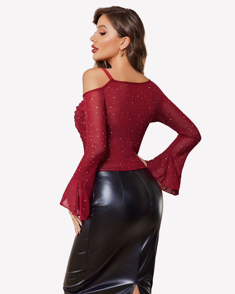 Wine red mesh rhinestone long-sleeve top from side with off-shoulder neckline