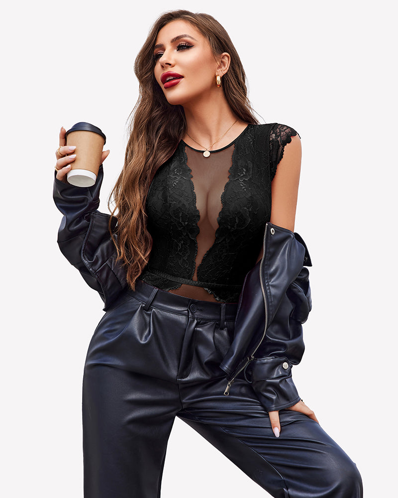 Mesh lace teddy bodysuit in black with deep V neckline and scalloped lace trim