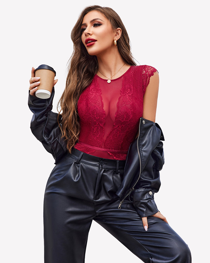 Wine red mesh lace sleeveless teddy bodysuit with high-cut brief and lace panels