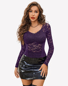 Purple lace mesh V-neck long-sleeve top with scalloped neckline