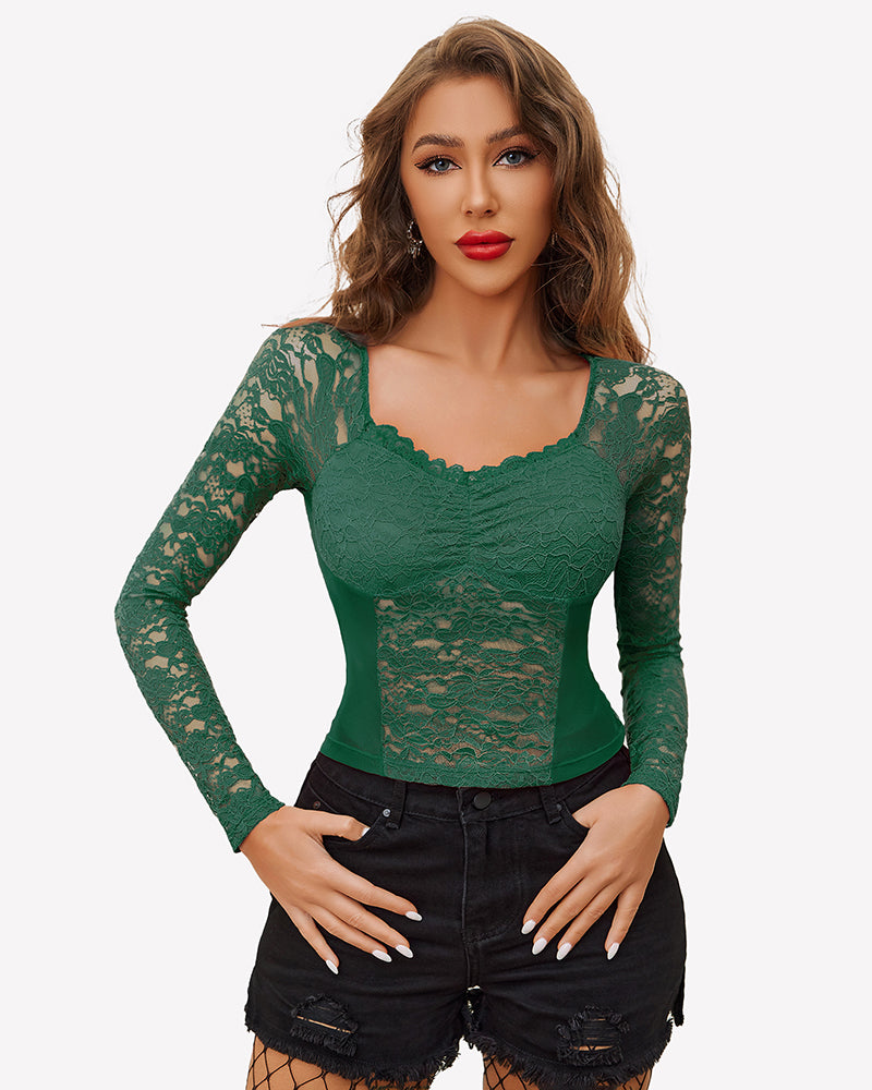 Green lace mesh V-neck long-sleeve top with scalloped neckline