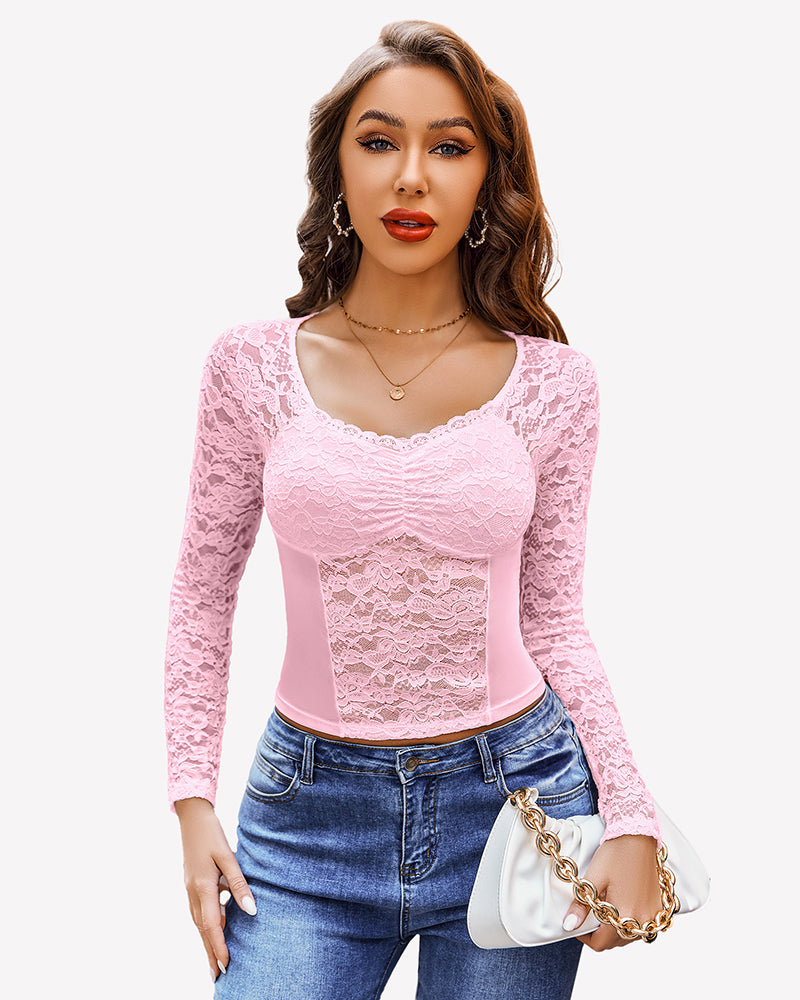 Pink lace mesh V-neck long-sleeve top with scalloped neckline