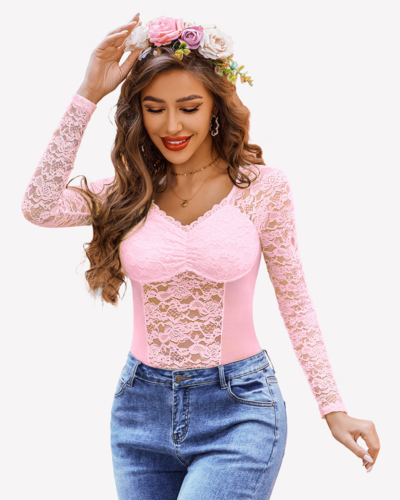Pink lace mesh V-neck long-sleeve top with lace overlay and fitted waist