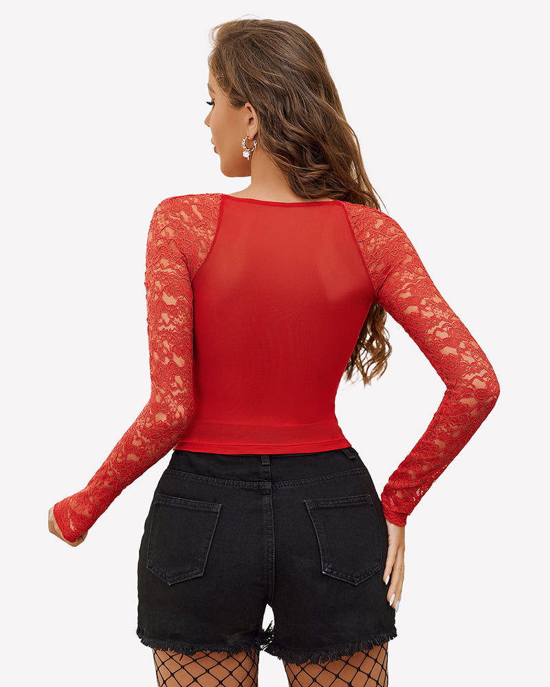 Red lace long-sleeve V-neck mesh top, back view with sheer lace sleeves
