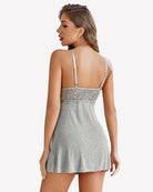 Light gray lace-trim modal slip dress with crisscross lace back straps and V-neck