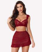 Wine red lace bra and bodycon dress lingerie set with bow straps and ruffled hem