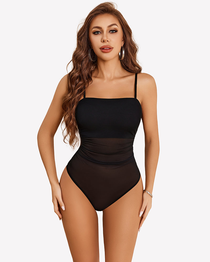 Square-neck tank bodysuit in dark black with thin spaghetti straps and sheer side ruching