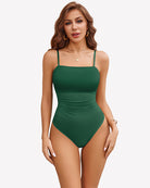 Square-neck tank bodysuit in green with thin spaghetti straps and ruched sheer front